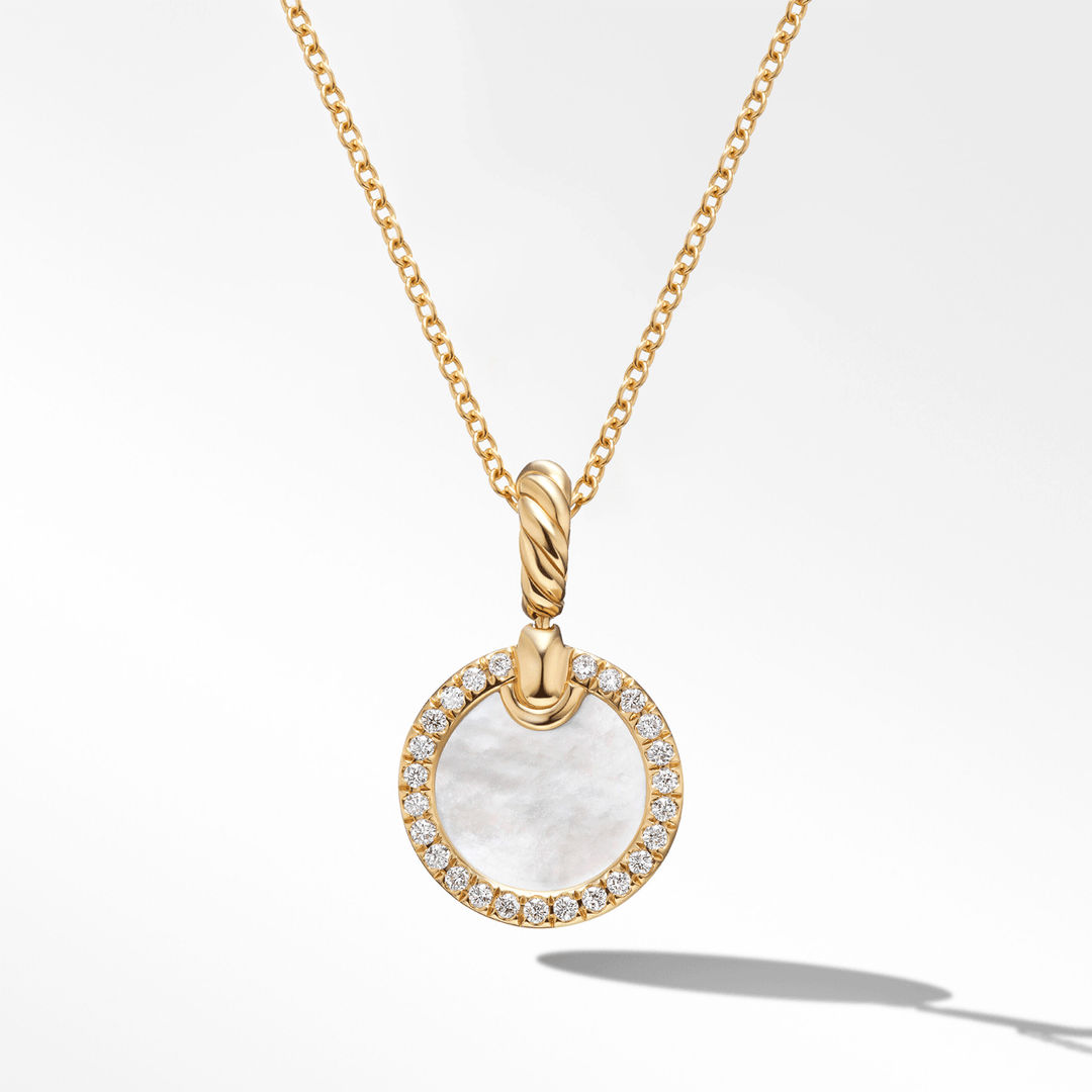 David Yurman Petite Elements Pendant Necklace 18k Yellow Gold with Mother of Pearl and Diamonds, 17.8mm