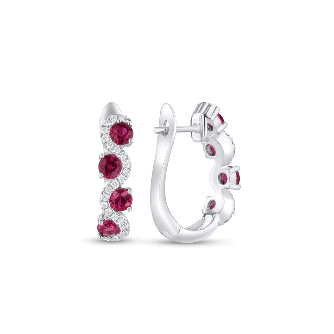 14k White Gold 1.40 Total Weight Ruby and Diamond Hoops