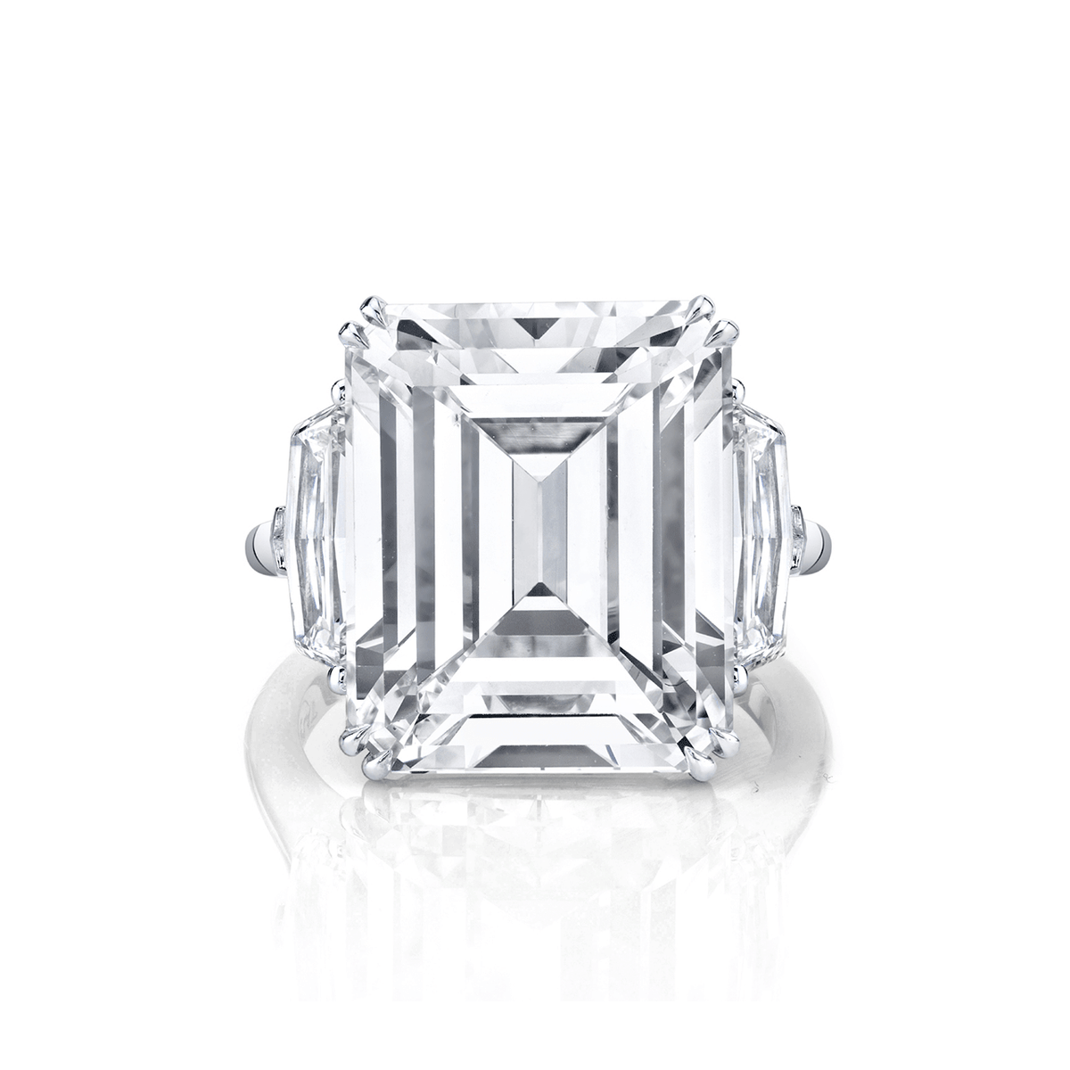 Platinum and 15.49 Total Weight Emerald Cut Diamond Three Stone Ring