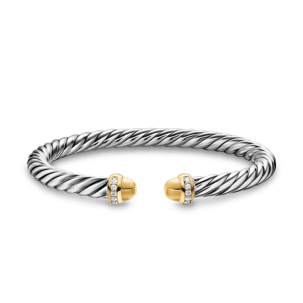 David Yurman Cable Flex Bracelet Sterling Silver with 14k Yellow Gold Domes and Diamonds, 6mm