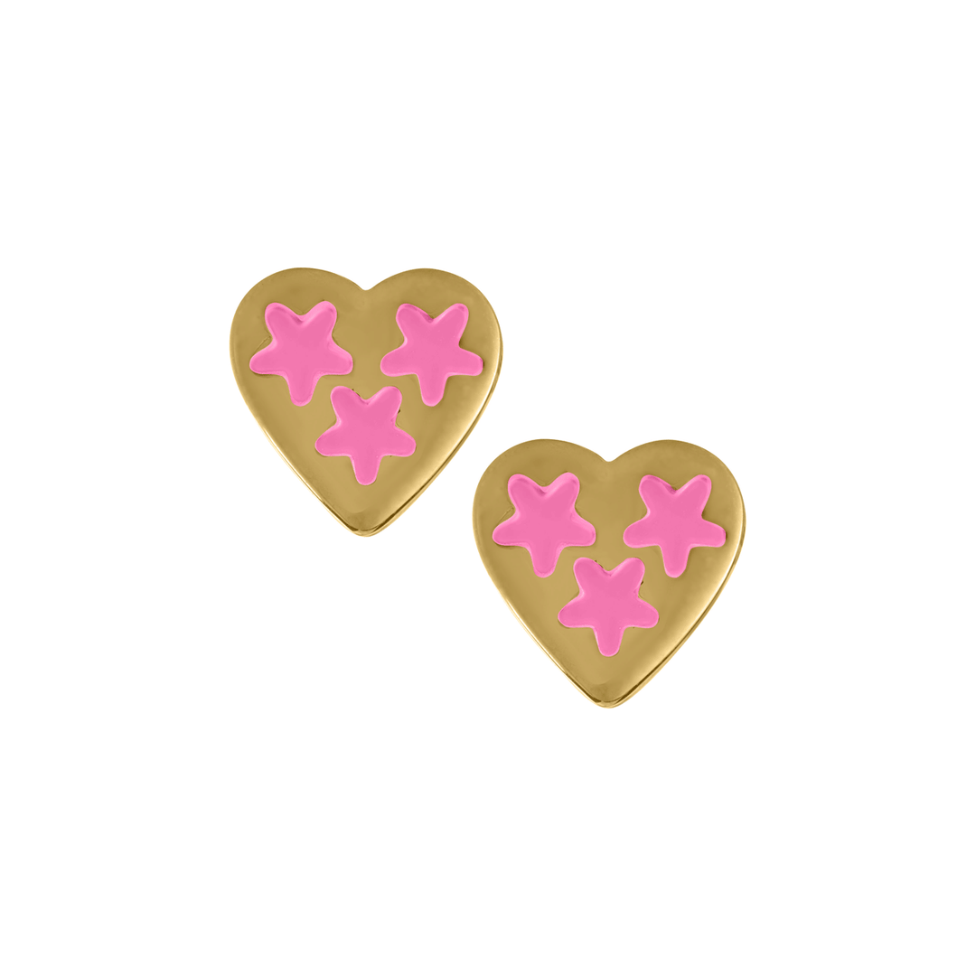 Children's 14k Yellow Gold and Pink Enamel Heart Earrings