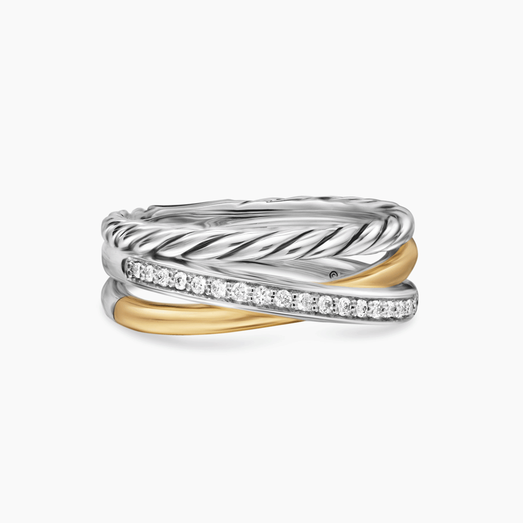 David Yurman Crossover Three Row Ring Sterling Silver with 18k Yellow Gold and Diamonds, 7mm