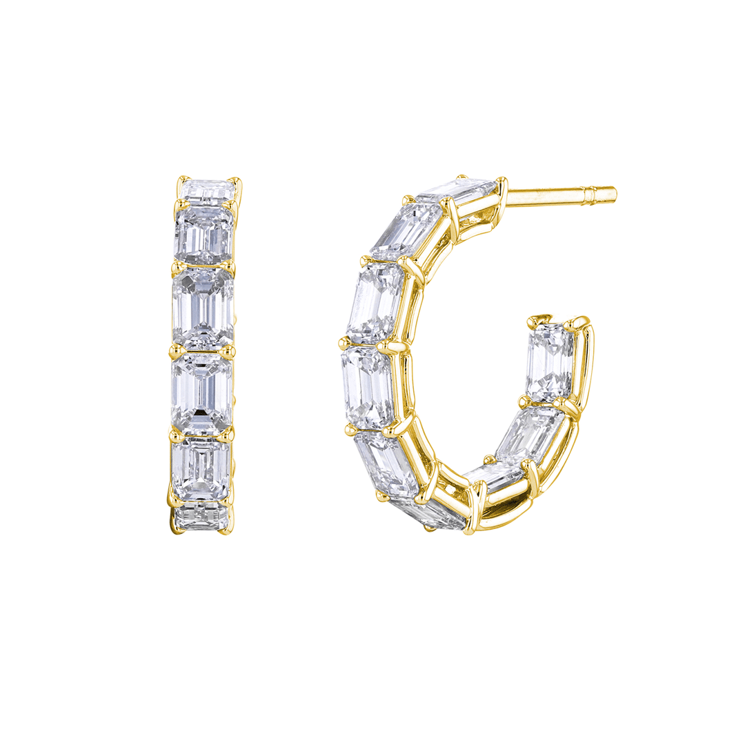 18k Gold and Emerald Cut Diamond 3.70 Total Weight In and Out Hoops