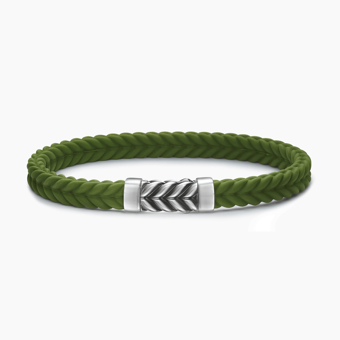 David Yurman Chevron Bracelet Green Rubber with Sterling Silver, 6mm