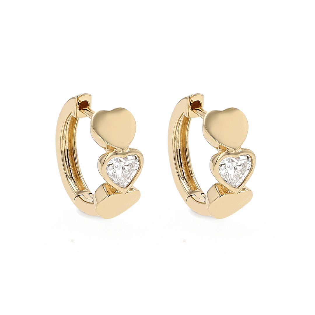 14k Yellow Gold and Heart Shape Diamond .59 Total Weight Huggie Hoops