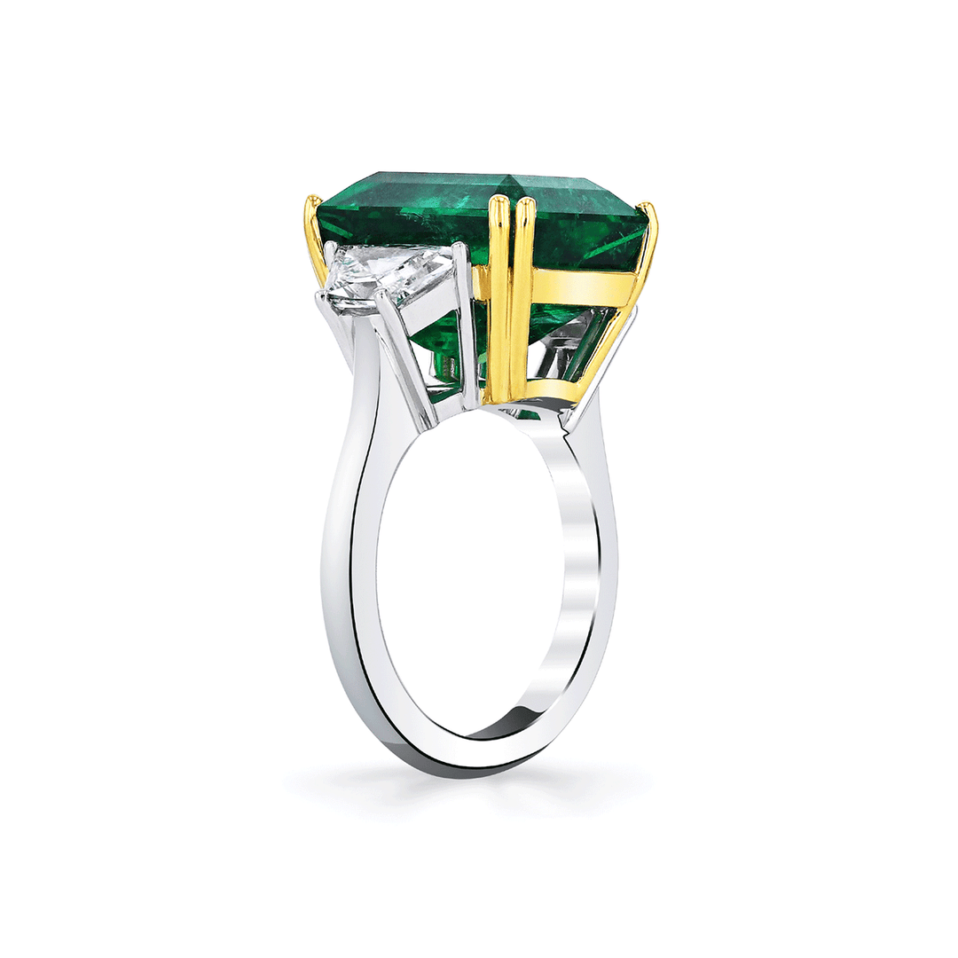 Platinum 18k Yellow Gold and 12.52 Total Weight Emerald Diamond Three Stone Ring