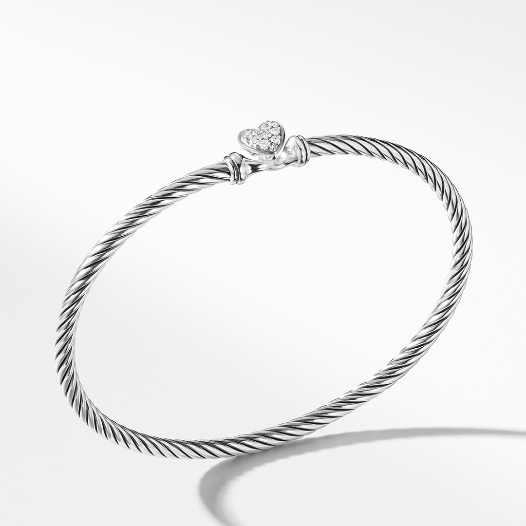 David Yurman Classic Cable Heart Station Bracelet Sterling Silver with Pavé Diamonds, 3mm