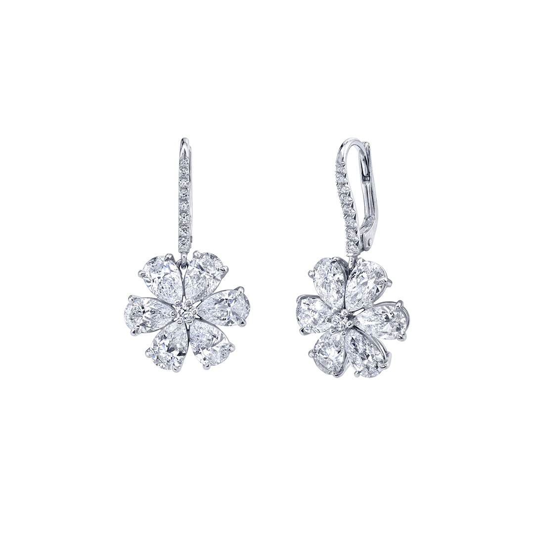 Hamilton Fleur Platinum and 18k Gold Pear Shape and Round Diamond 6.67 Total Weight Earrings