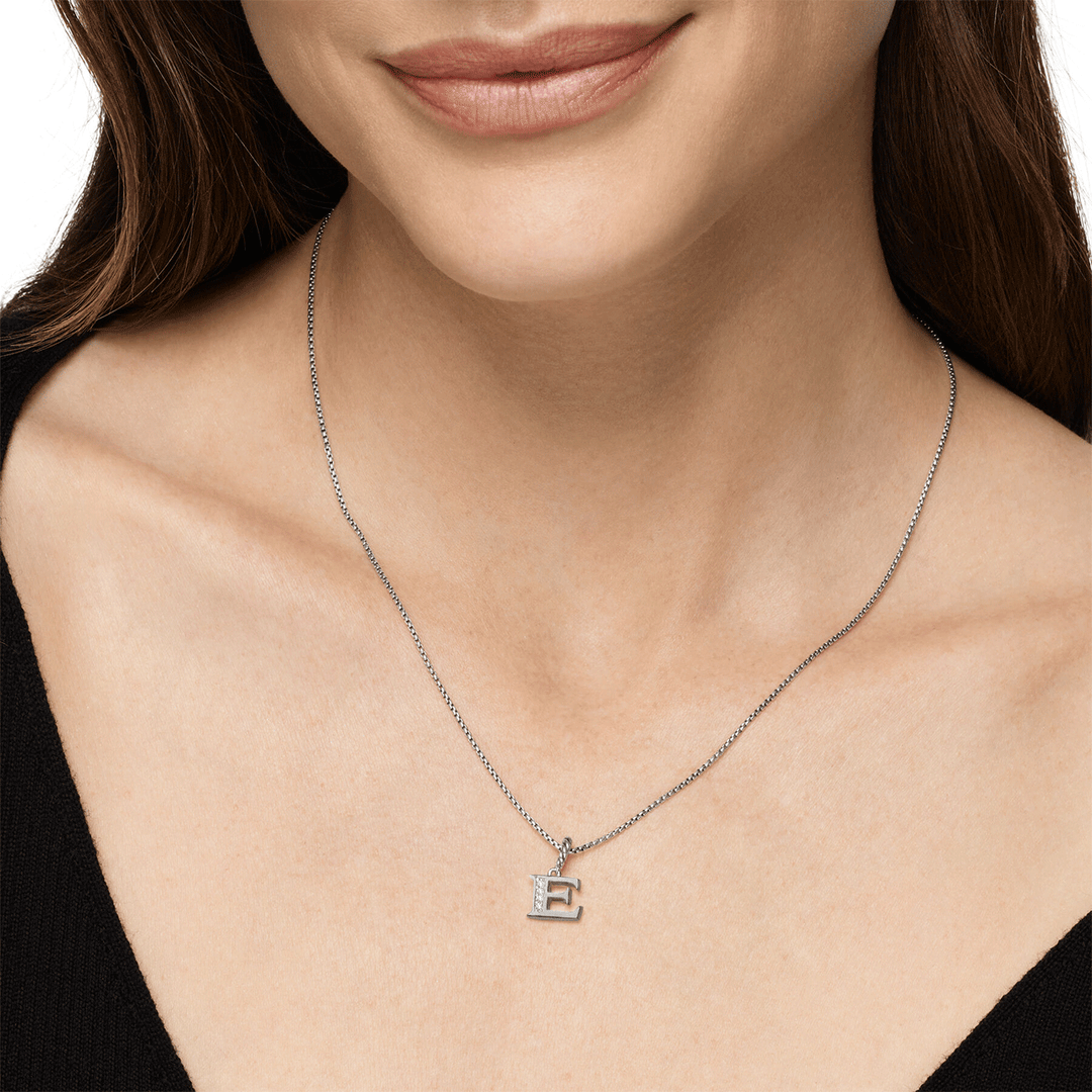 David Yurman Pavé Initial Pendant Necklace Sterling Silver with Diamond E