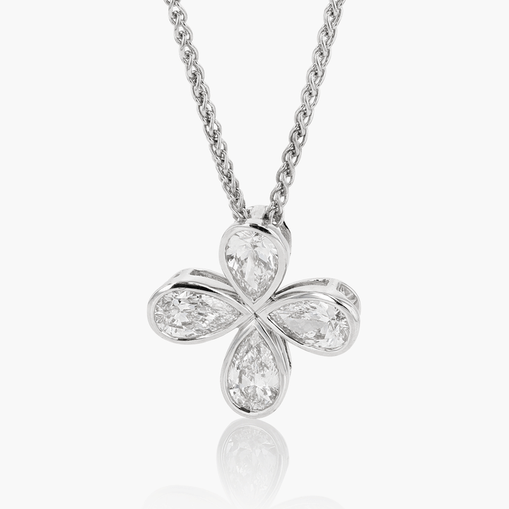 18k White Gold and Pear Shape Diamonds 1.25 Total Weight Flower Pendant