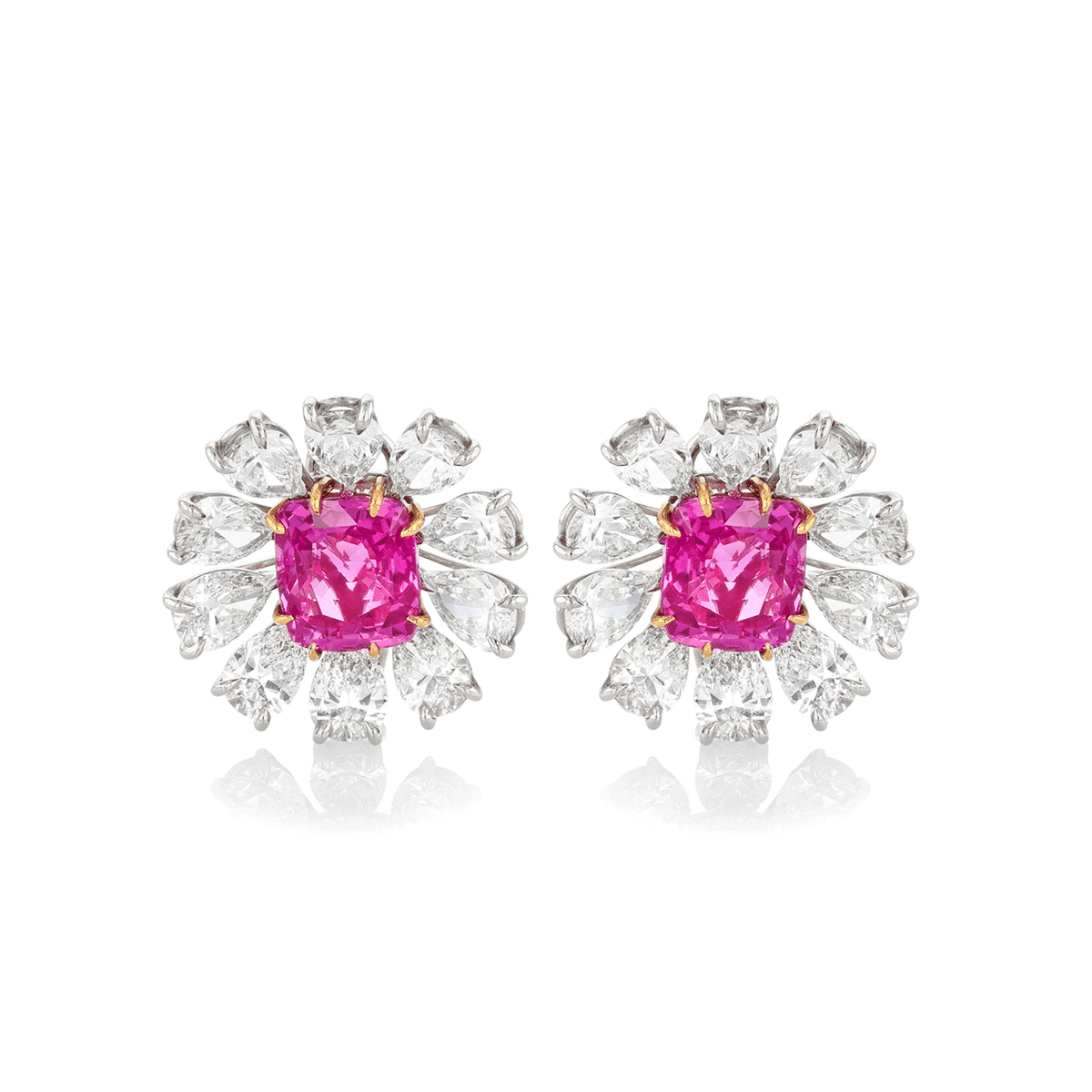 Platinum Cushion Shape Pink Sapphires 10.62 Total Weight and Diamond Earrings