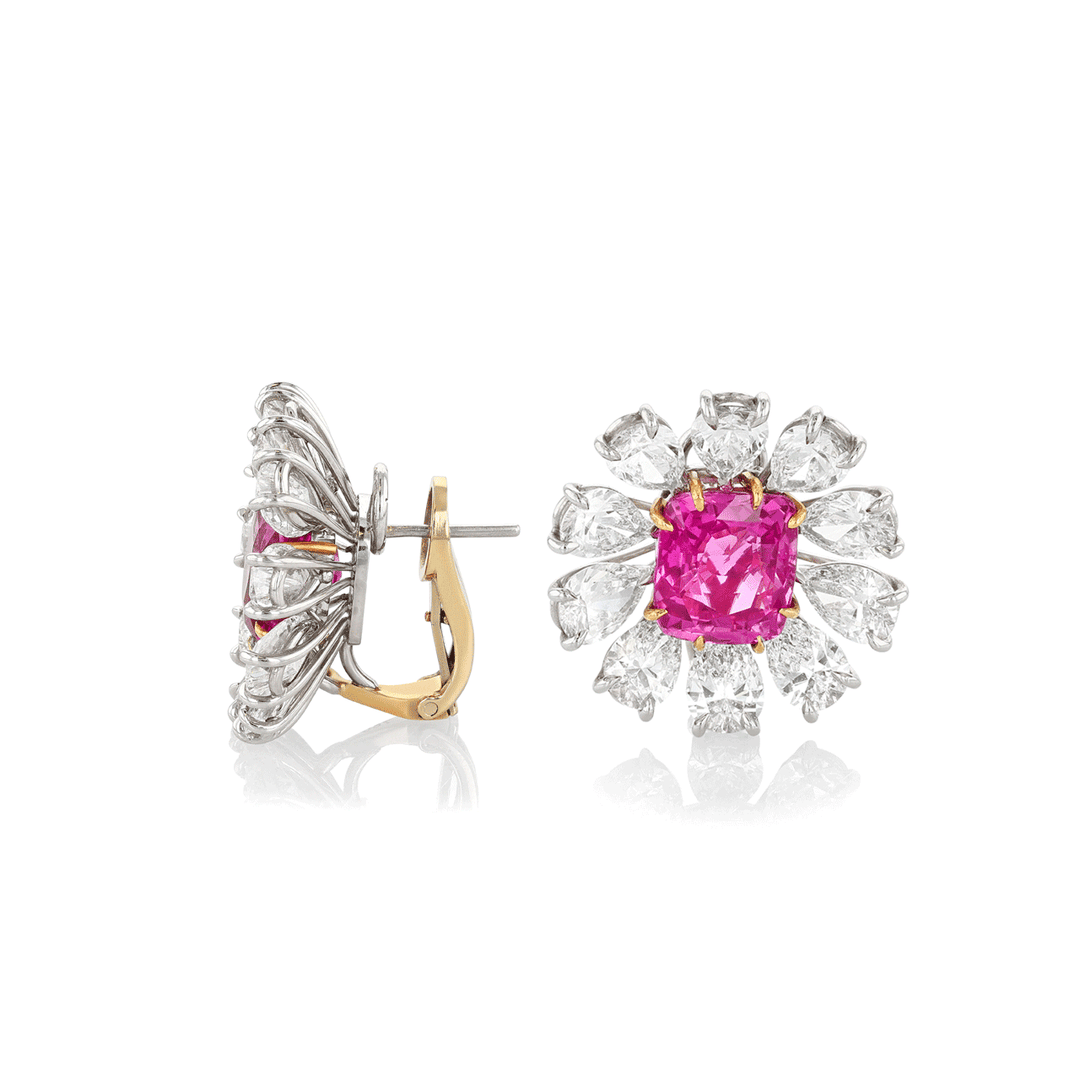 Platinum Cushion Shape Pink Sapphires 10.62 Total Weight and Diamond Earrings