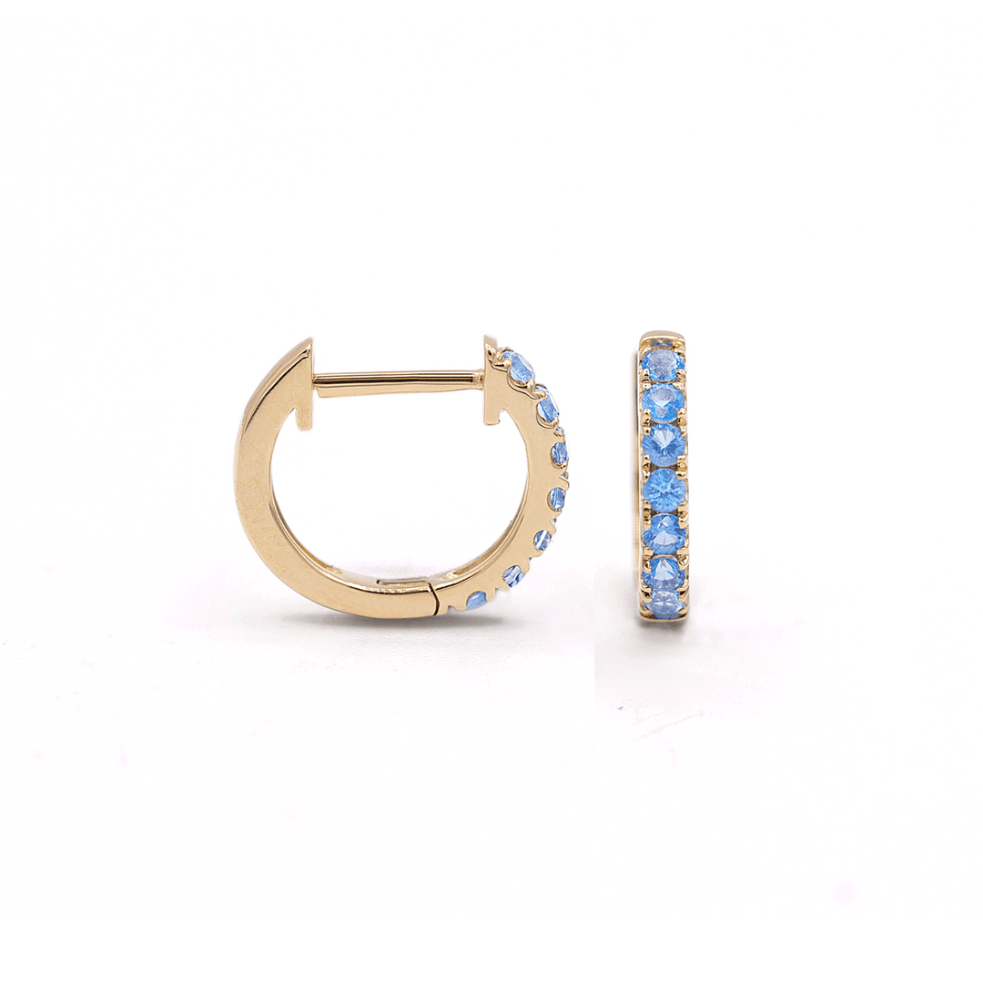 14k Yellow Gold Mini Blue Topaz Hoops