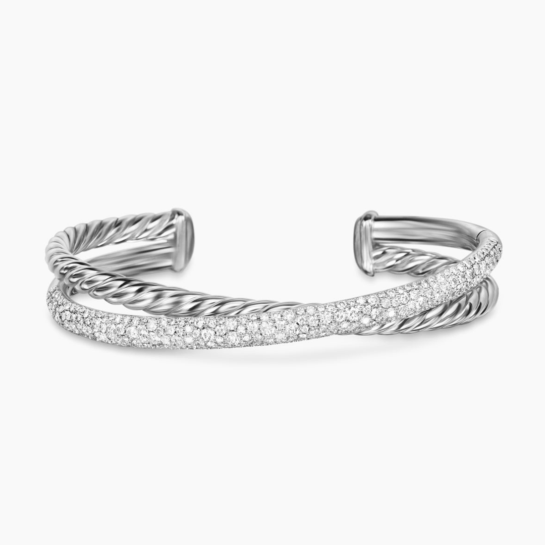 David Yurman Pavé Crossover Two Row Cuff Bracelet Sterling Silver with Diamonds, 10.7mm Medium