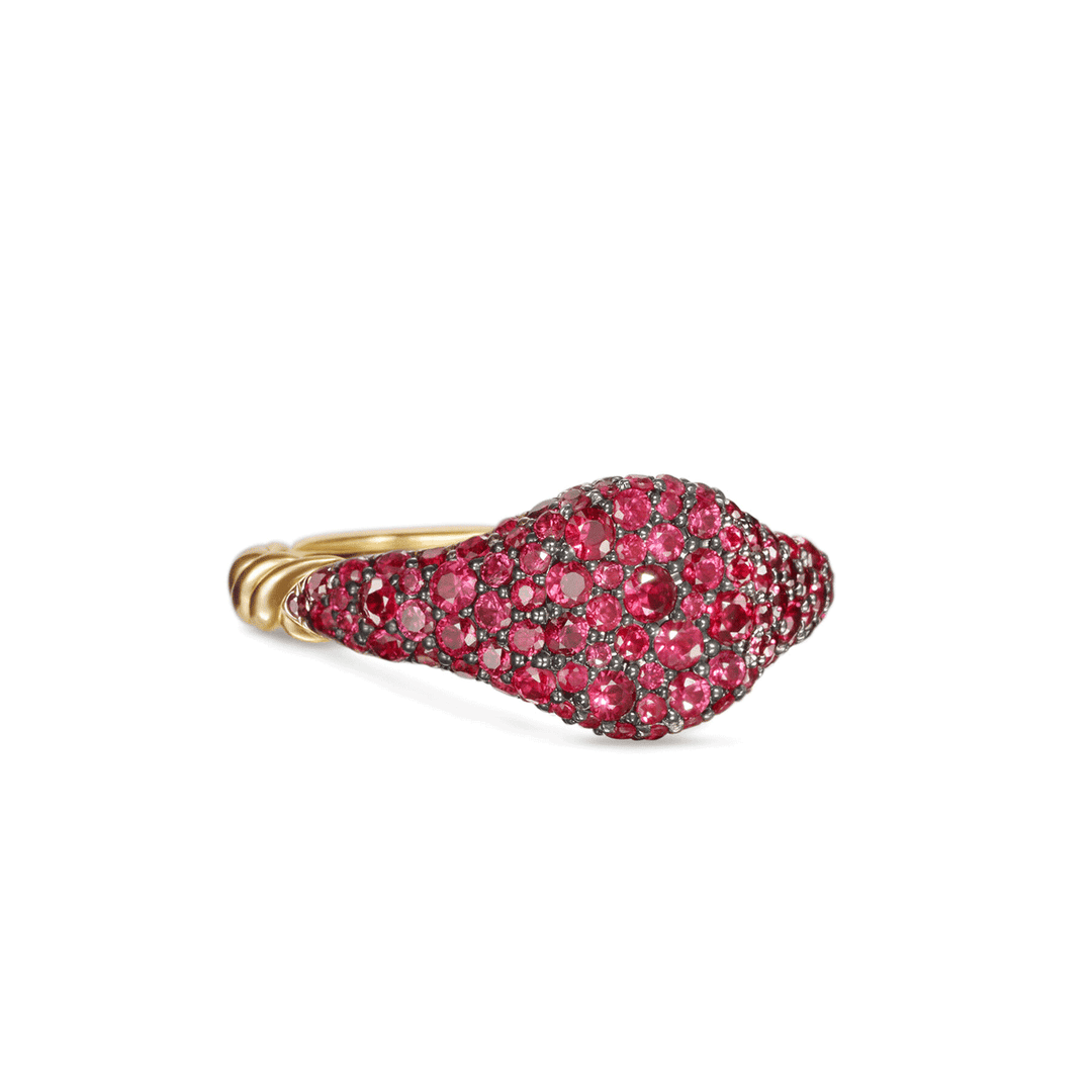 David Yurman Petite Pavé Pinky Ring 18K Yellow Gold with Red Rubies, 7mm