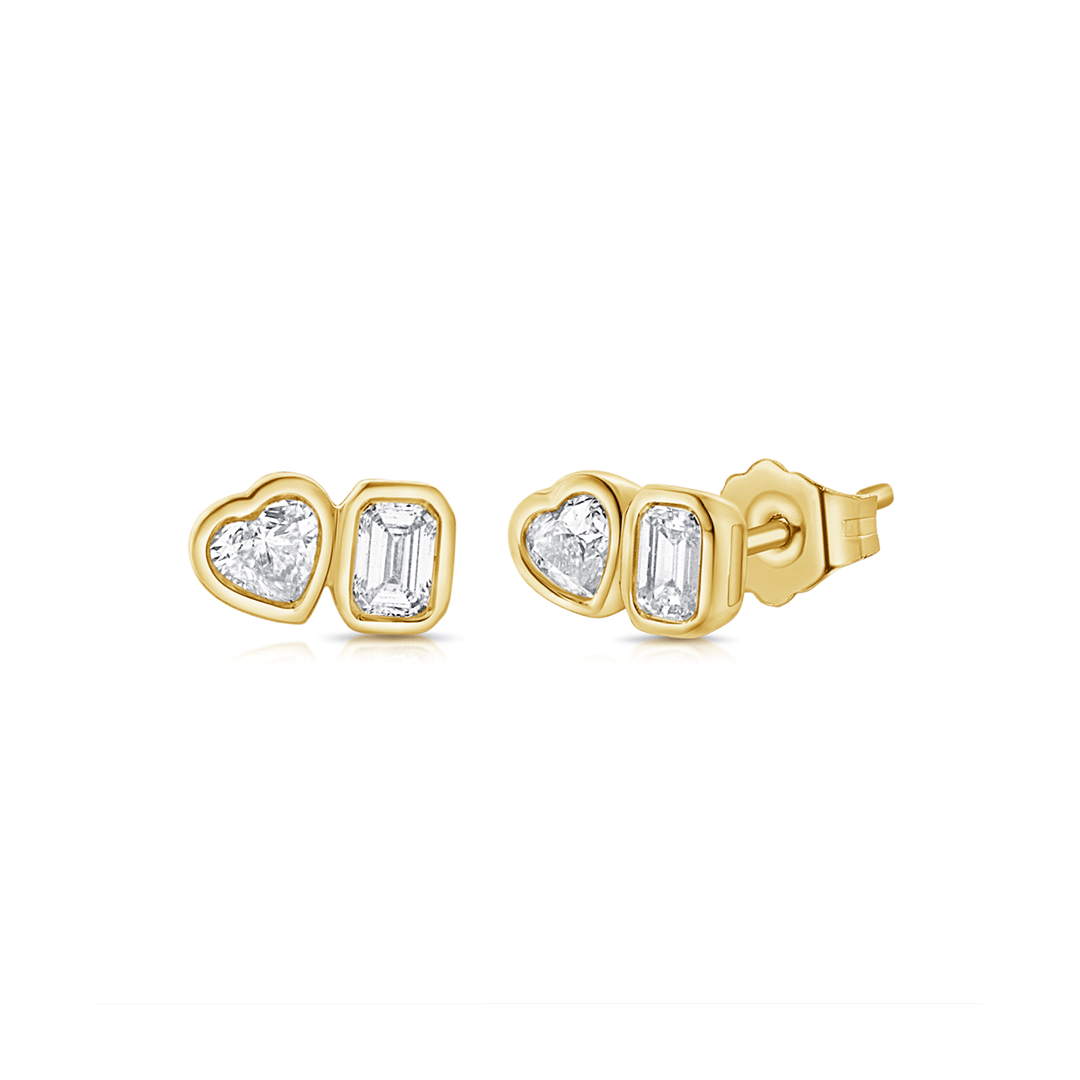 14k Yellow Gold .66 Total Weight Emerald and Heart Shape Diamond Studs