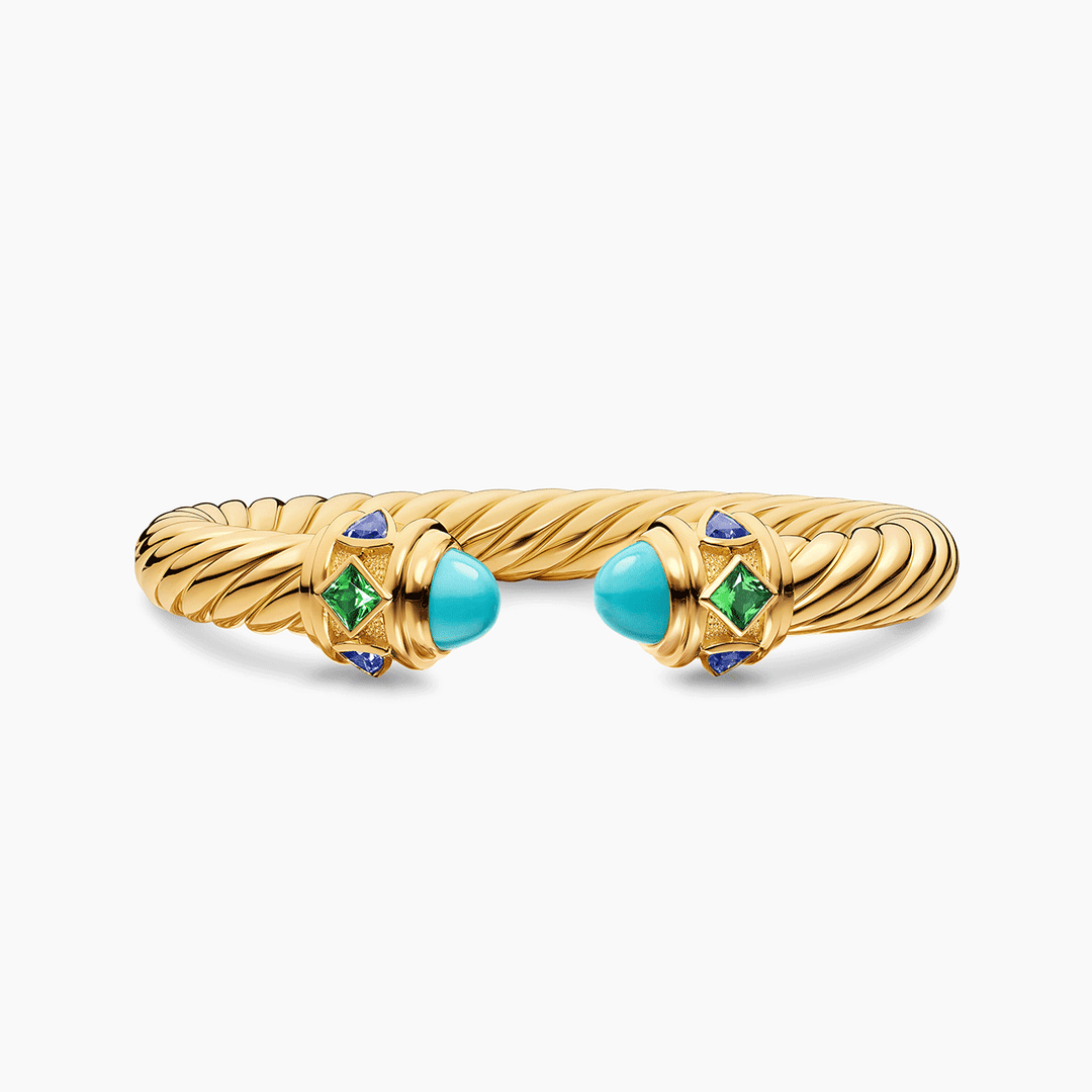 David Yurman Renaissance Cablespira Bracelet 18k Yellow Gold with Turquoise, Tsavorite and Tanzanite, 9mm