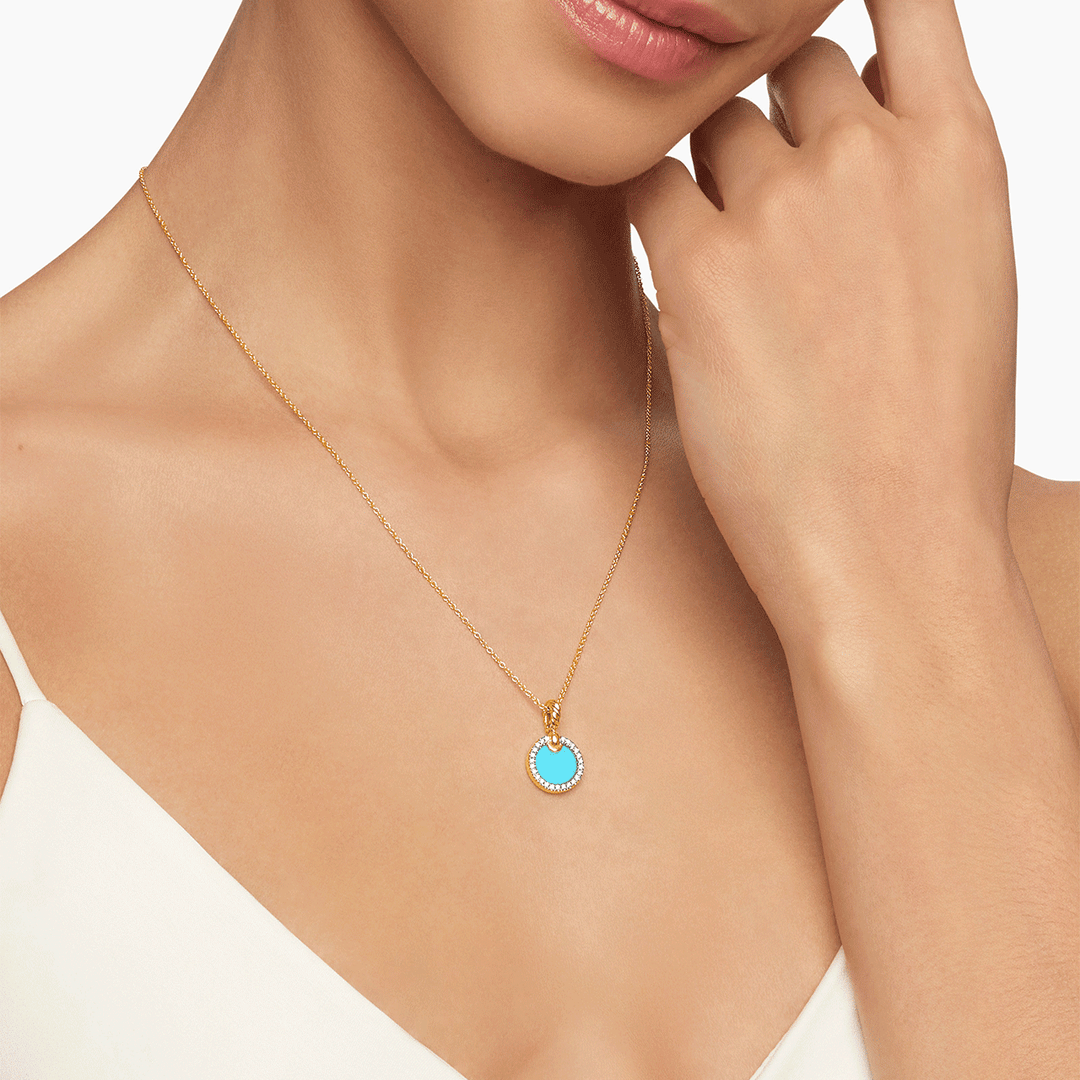David Yurman Petite Elements Pendant Necklace 18K Yellow Gold with Turquoise and Diamonds, 17.8mm