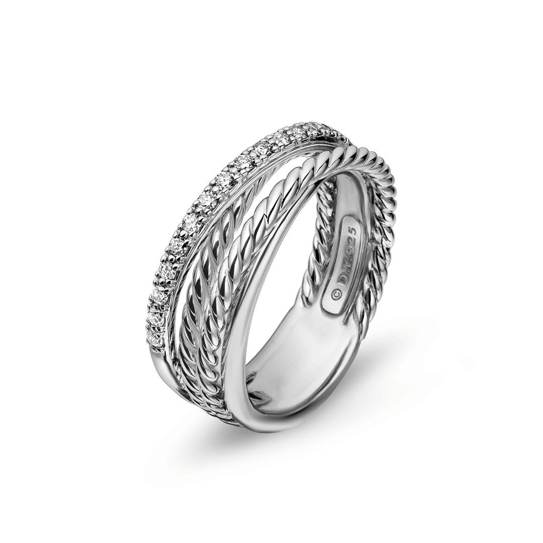 David Yurman Crossover Band Ring Sterling Silver with Diamonds, 6.8mm