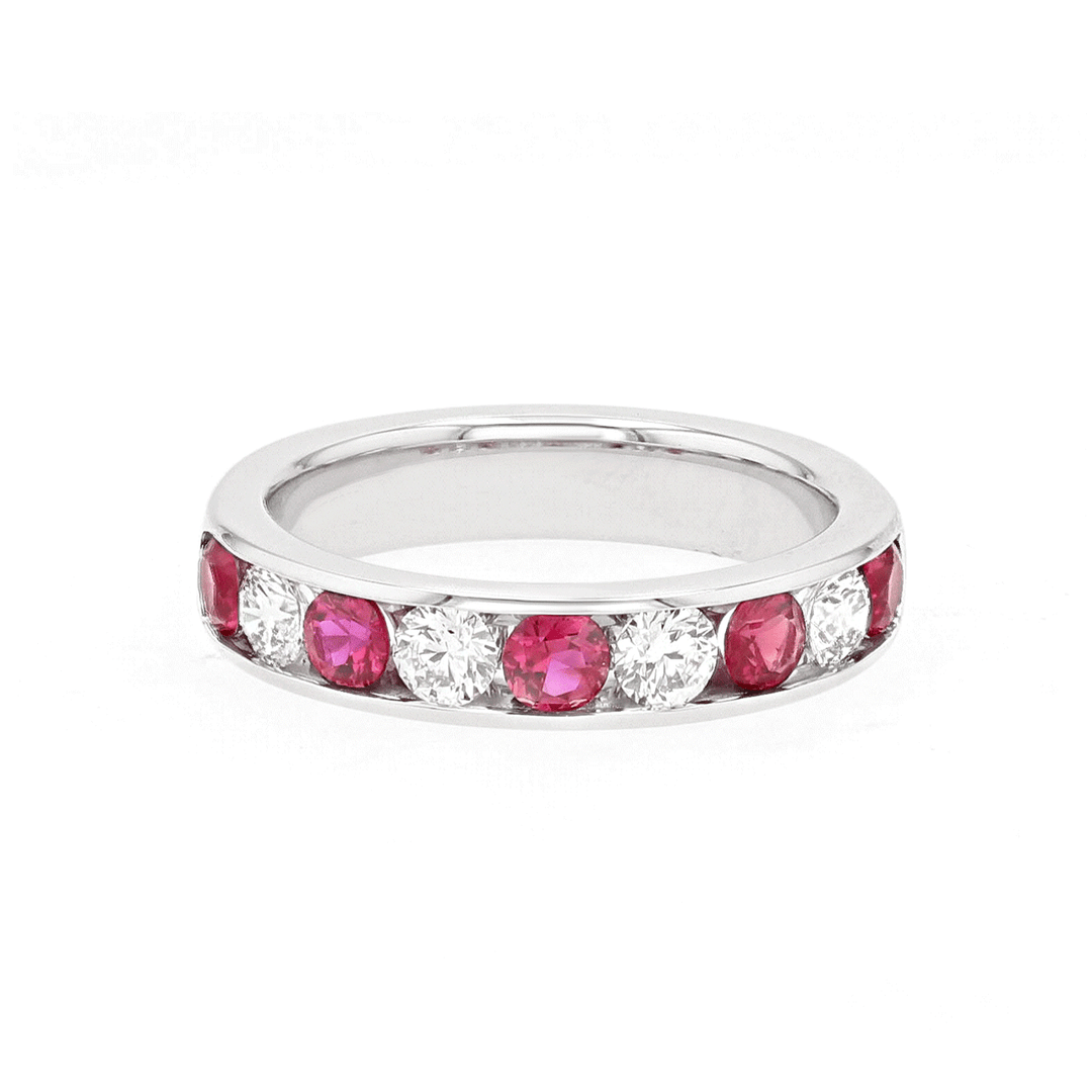 18k White Gold Ruby .85 Total Weight and Diamond Channel Band