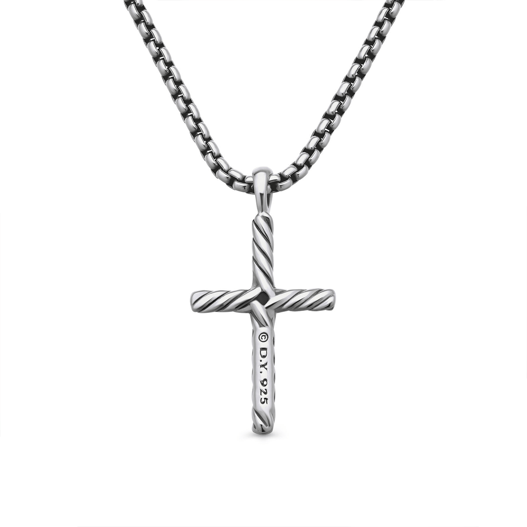 David Yurman Classic Cable Cross Necklace Sterling Silver with Center Diamond, 24.3mm