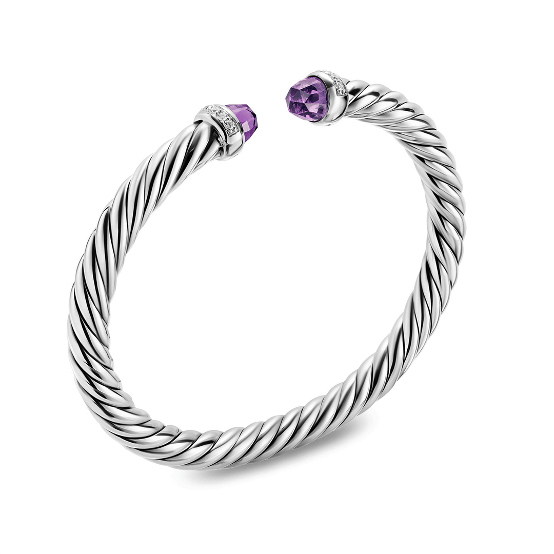 David Yurman Cable Flex® Bracelet Sterling Silver with Amethyst and Diamonds, 6mm Medium
