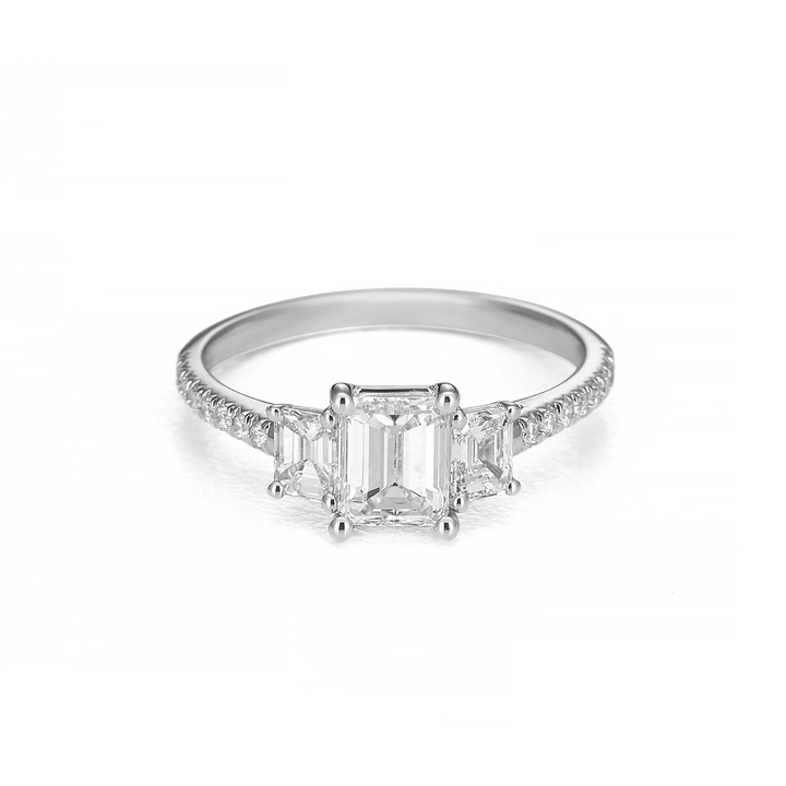 18k White Gold Three Stone Diamond Emerald Cut Engagement Ring