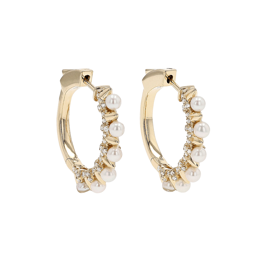 14k Gold Freshwater Pearl and Diamond .61 Total Weight Hoops