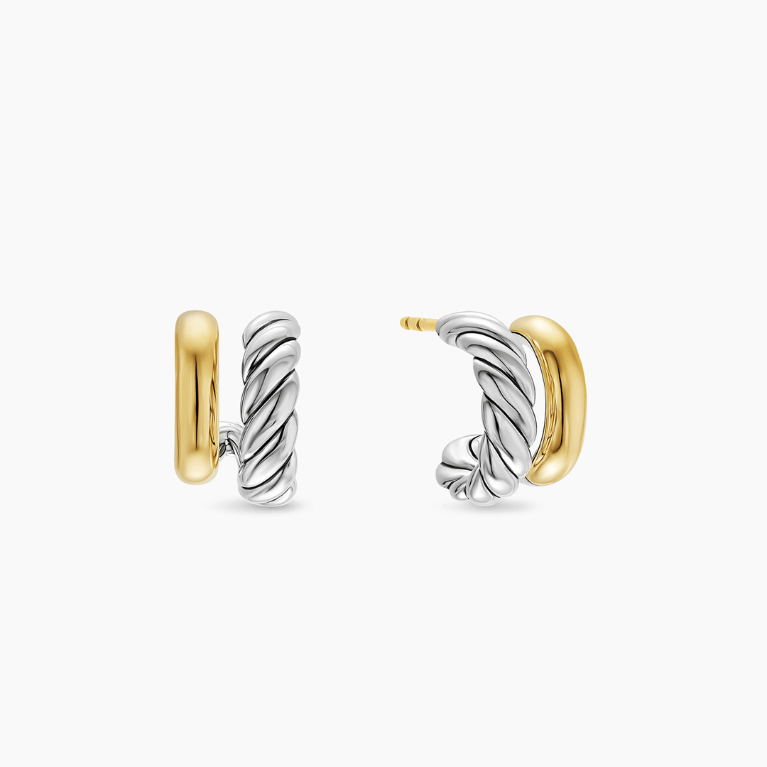 David Yurman Mercer Double Hoop Huggie Earrings Sterling Silver with 18k Yellow Gold, 13.5mm