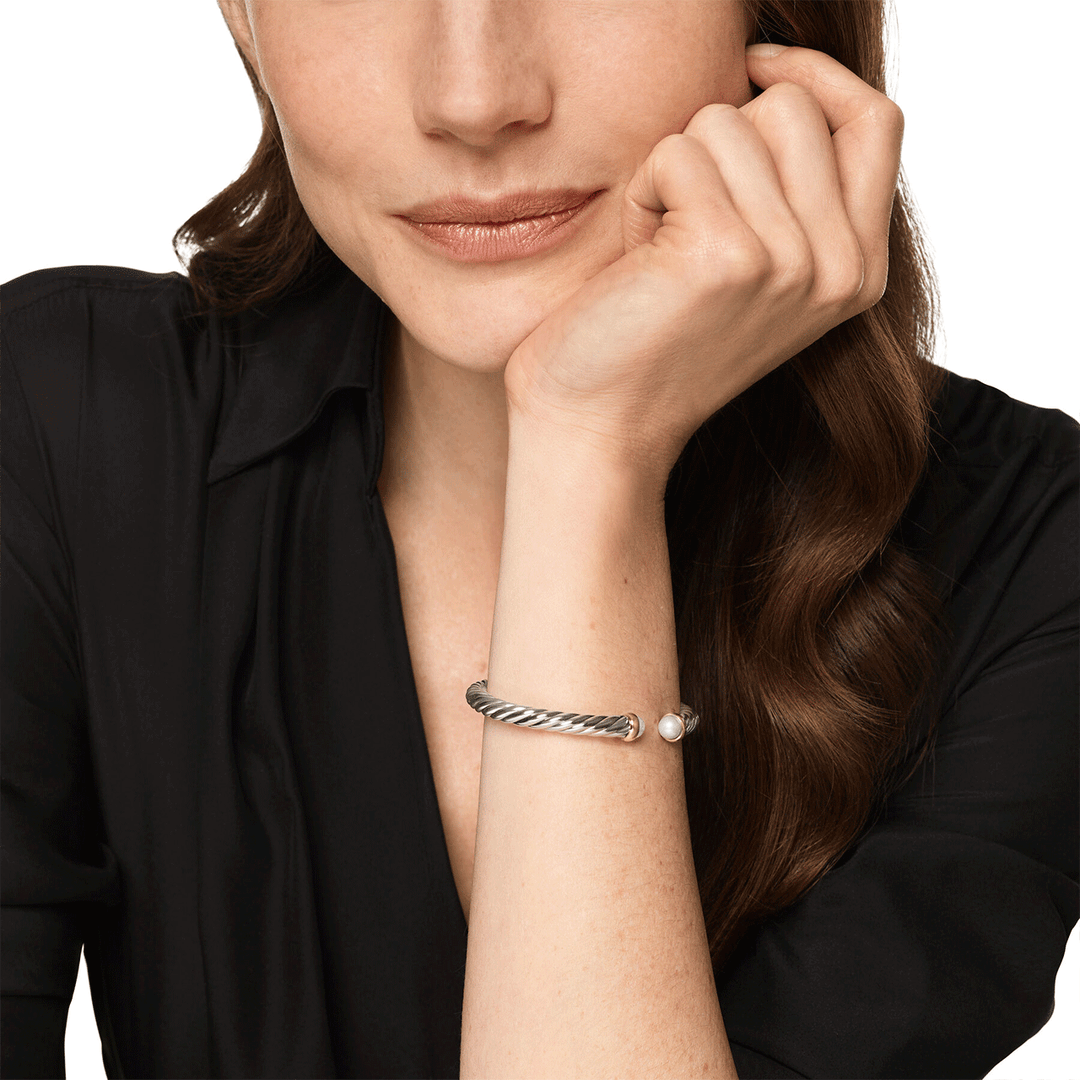 David Yurman Cable Flex® Bracelet Sterling Silver with 14K Yellow Gold and Pearls, 6mm Medium