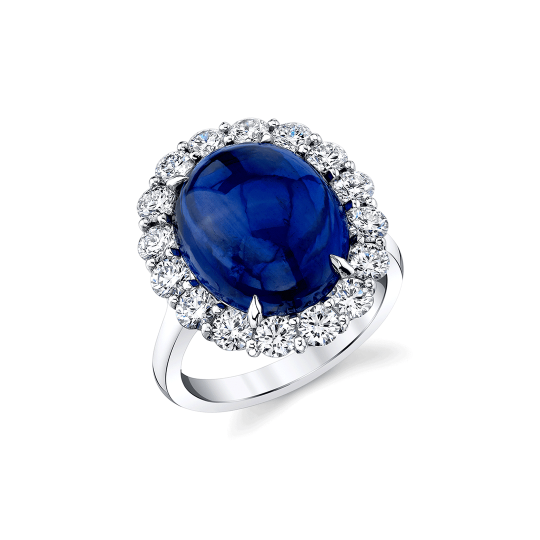 Platinum Oval Cabochon Sapphire 11.78 Total Weight and Diamond Ring