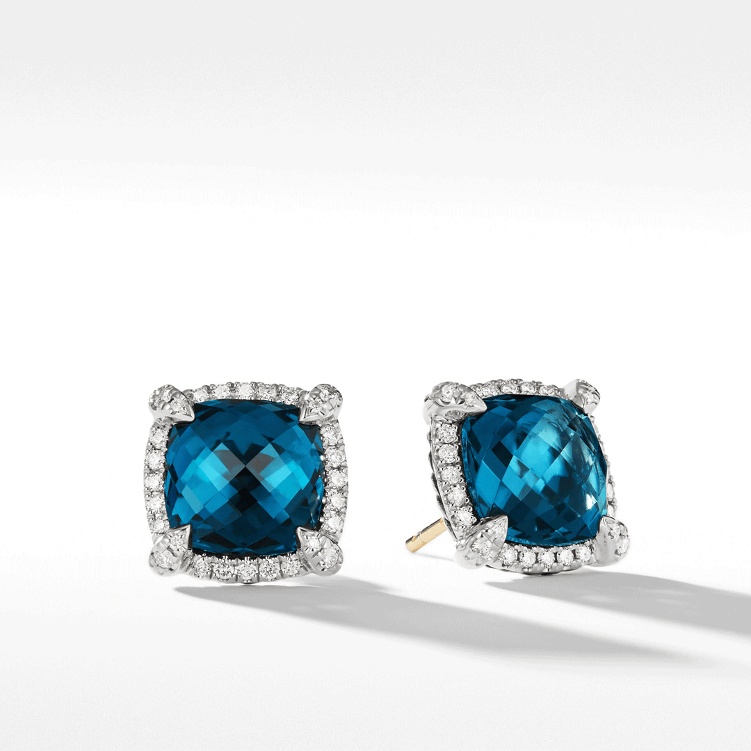 David Yurman Chatelaine Pavé Bezel Stud Earrings in Sterling Silver with Hampton Blue Topaz and Dia