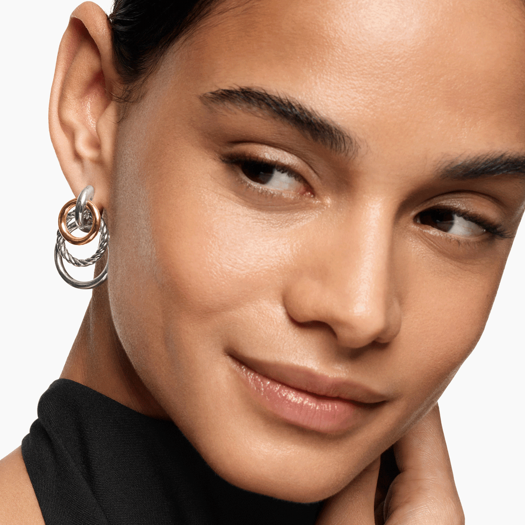 David Yurman Mercer Triple Ring Drop Earrings Sterling Silver with 18k Yellow Gold, 35.6mm