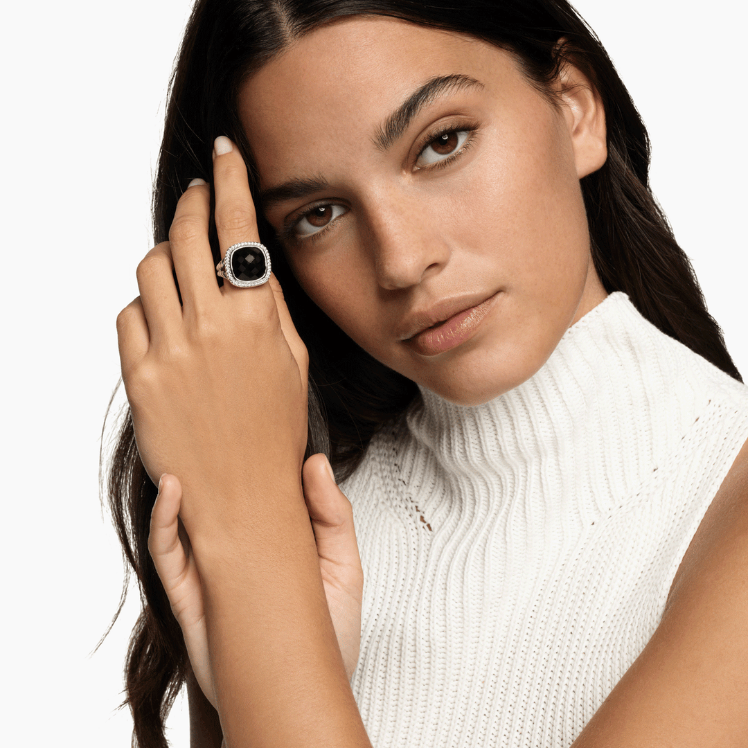 David Yurman Albion Ring Sterling Silver with Black Onyx and Diamonds, 15mm