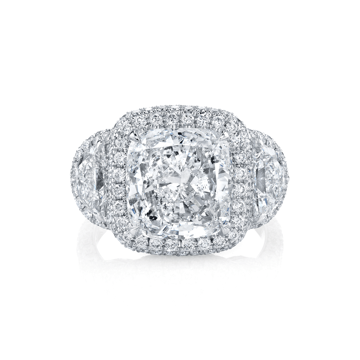 Platinum and 4.50 Total Weight Cushion Three Stone Halo Ring