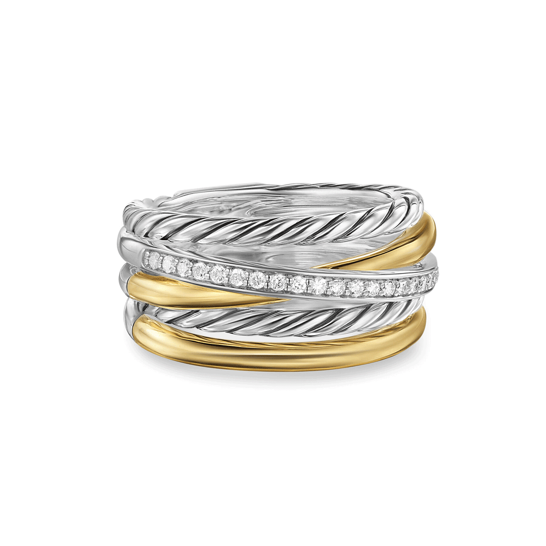 David Yurman Crossover Five Row Ring Sterling Silver with 18k Yellow Gold and Diamonds, 11mm