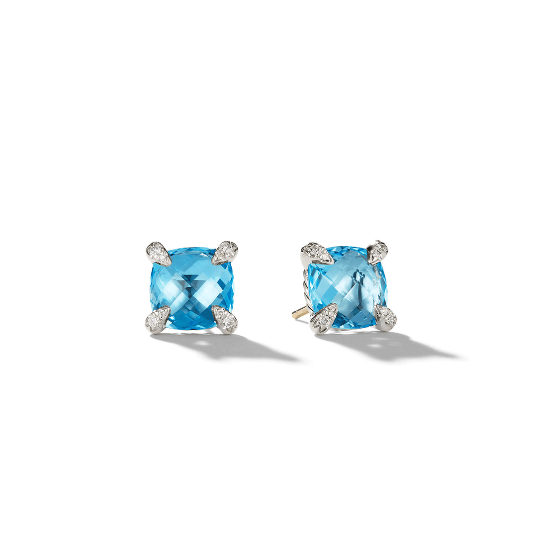 David Yurman Châtelaine Earrings with Hampton Blue Topaz and Diamonds, 9mm