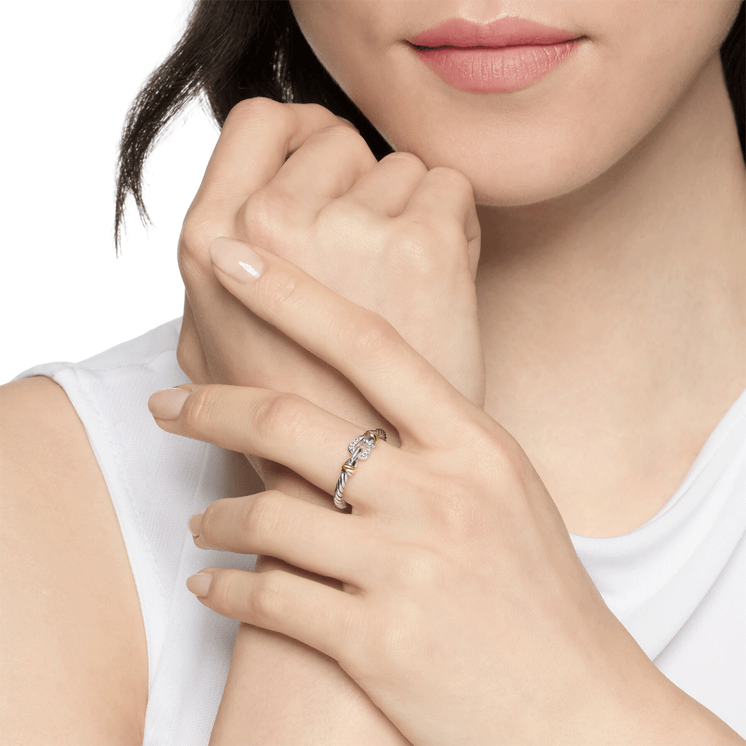 David Yurman Petite Buckle Ring Sterling Silver with 18k Yellow Gold and Diamonds, 2mm