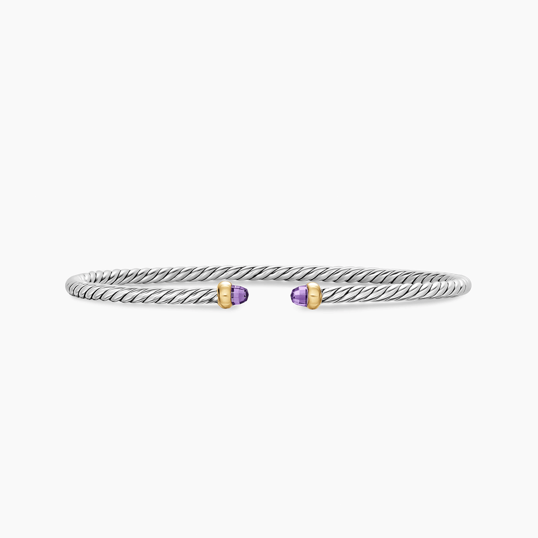 David Yurman Micro Cable Flex Bracelet Sterling Silver with 14k Yellow Gold and Amethyst, 2.6mm