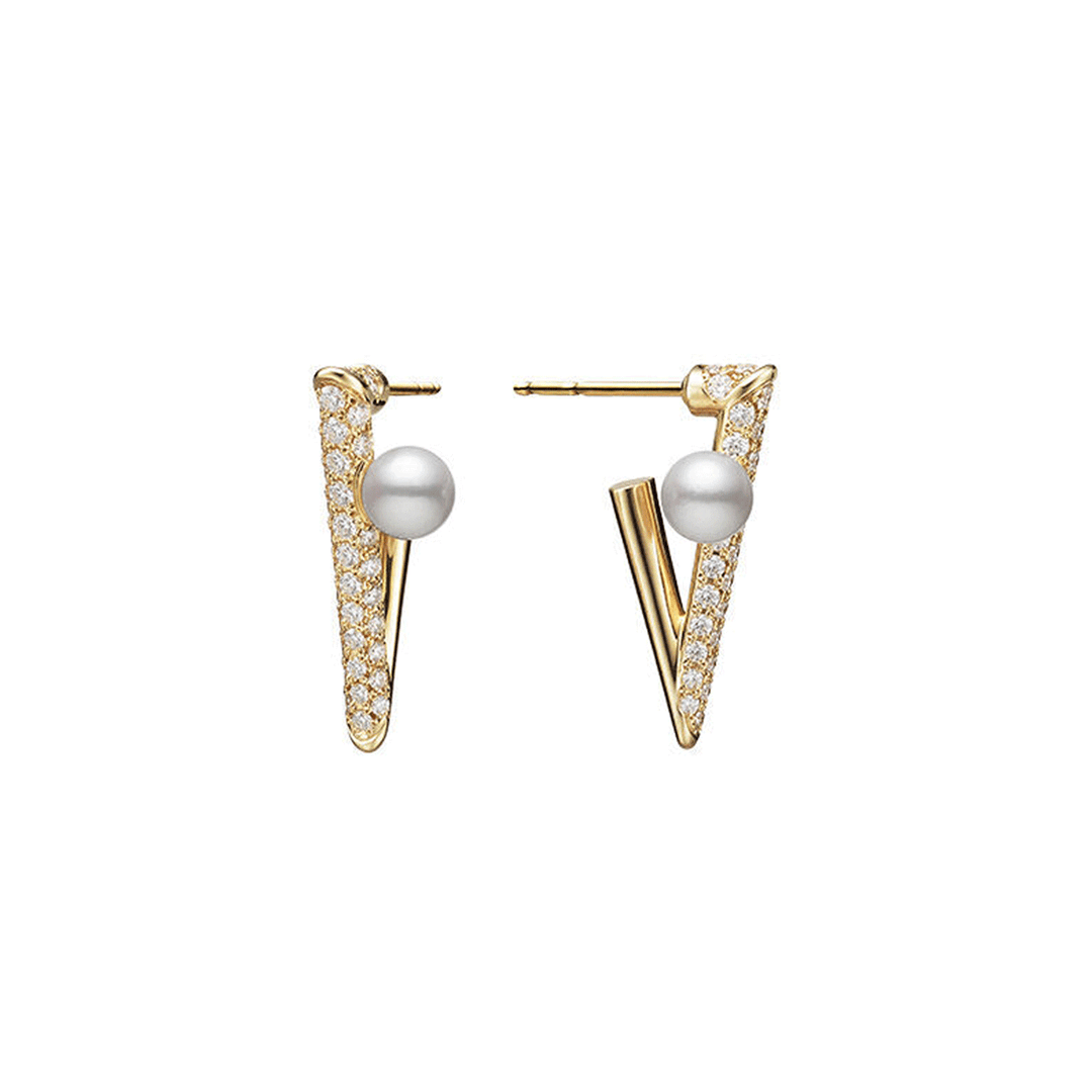 Mikimoto V Code 18k Yellow Gold Akoya Cultured Pearl and Diamond Earrings