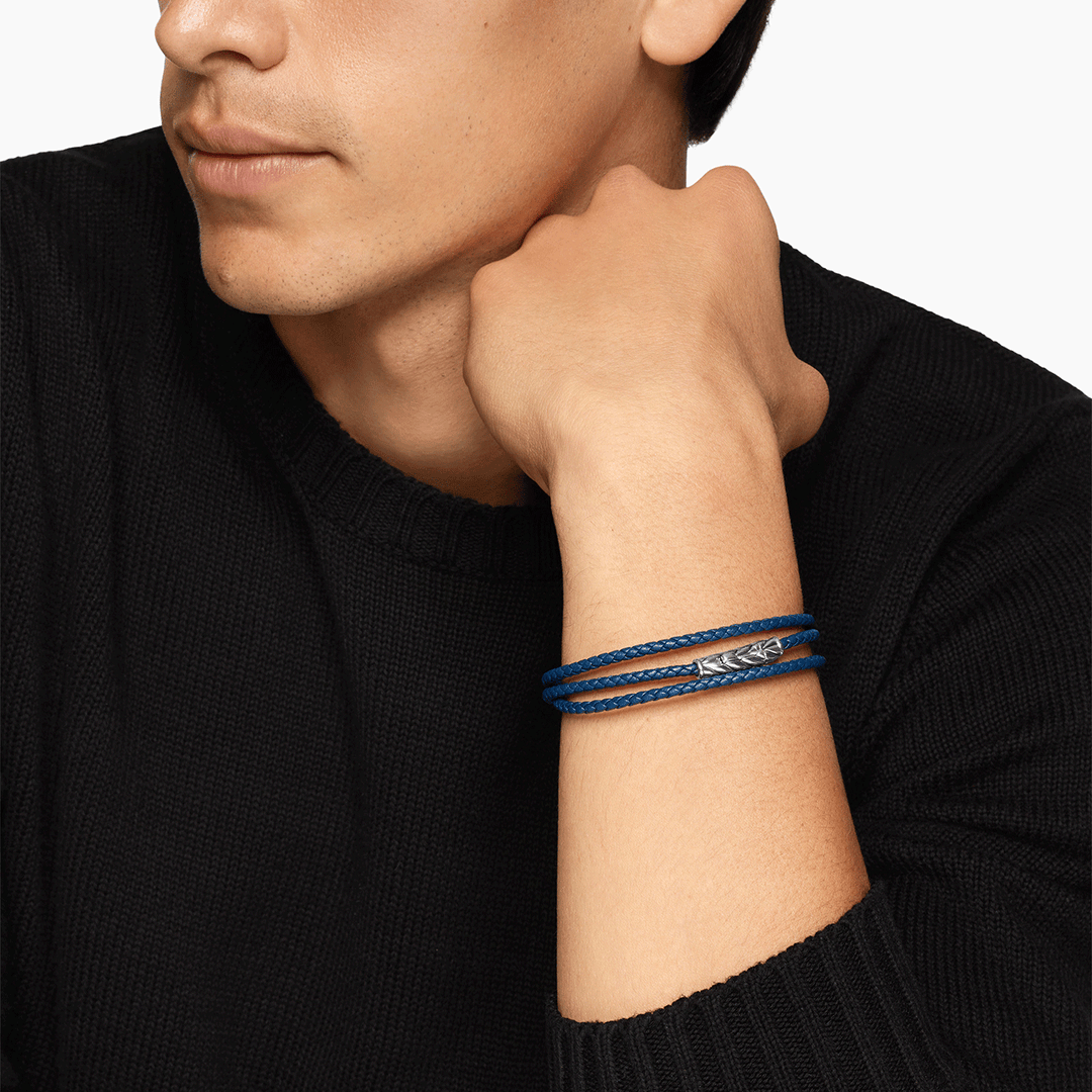 David Yurman Chevron Triple Wrap Bracelet Blue Leather with Sterling Silver, 3mm