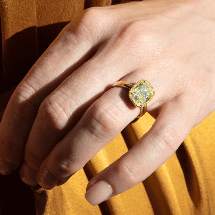 Private Reserve 5.24 Total Weight Cushion Fancy Yellow Diamond Ring