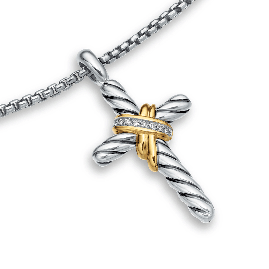 David Yurman X Cross Necklace Sterling Silver with 14K Yellow Gold and Diamonds, 31.7mm