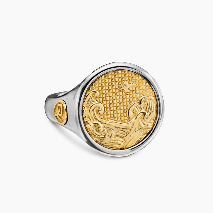 David Yurman Water and Fire Duality Signet Ring Sterling Silver with 18k Yellow Gold, 20mm