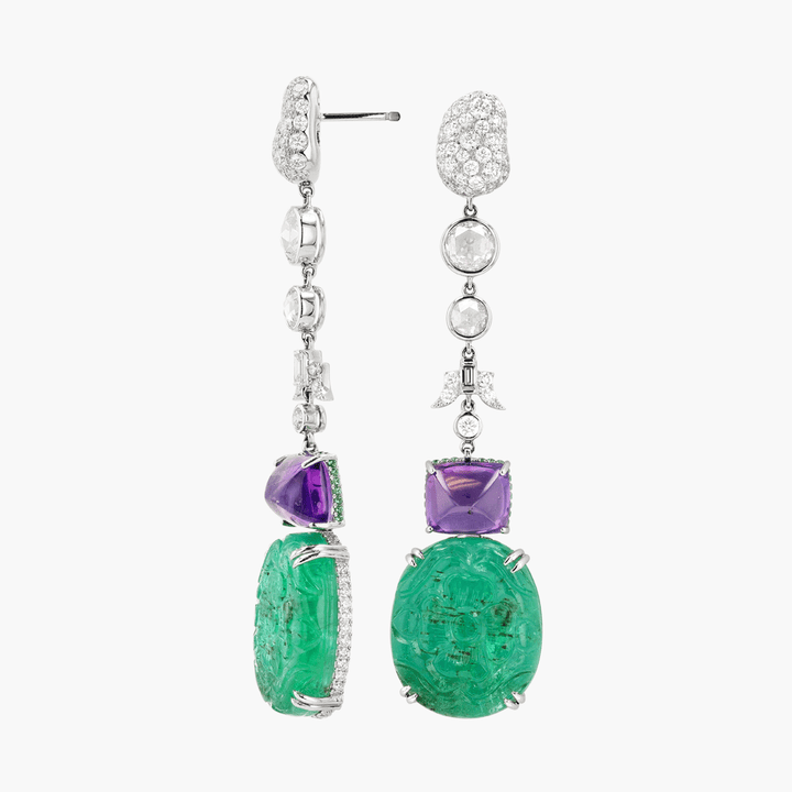 18k White Gold Emerald 28.98 Total Weight and Purple Sapphire Drop Earrings