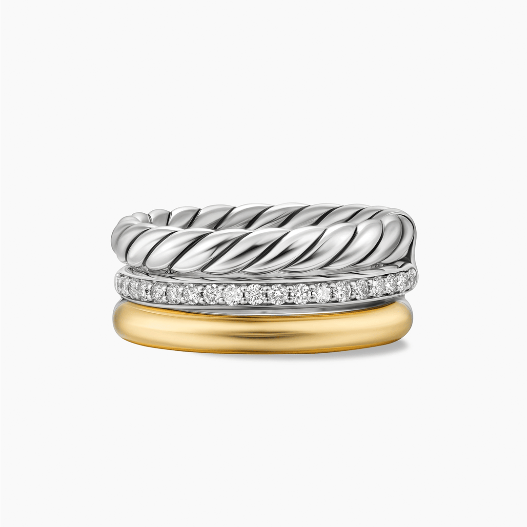 David Yurman Mercer Three Row Ring Sterling Silver with 18k Yellow Gold and Diamonds, 8.9mm