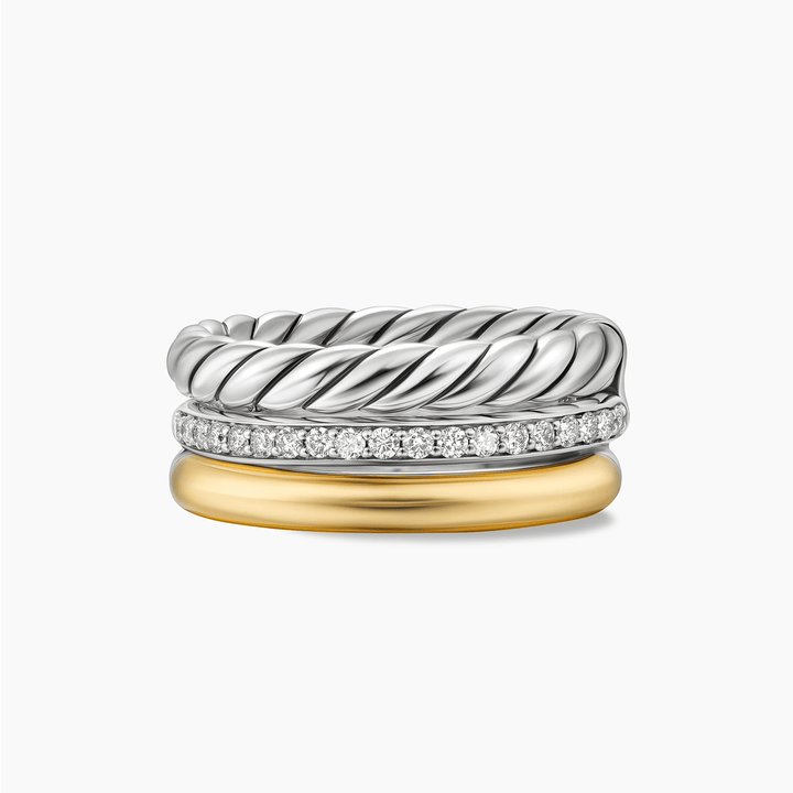 David Yurman Mercer Three Row Ring Sterling Silver with 18k Yellow Gold and Diamonds, 8.9mm