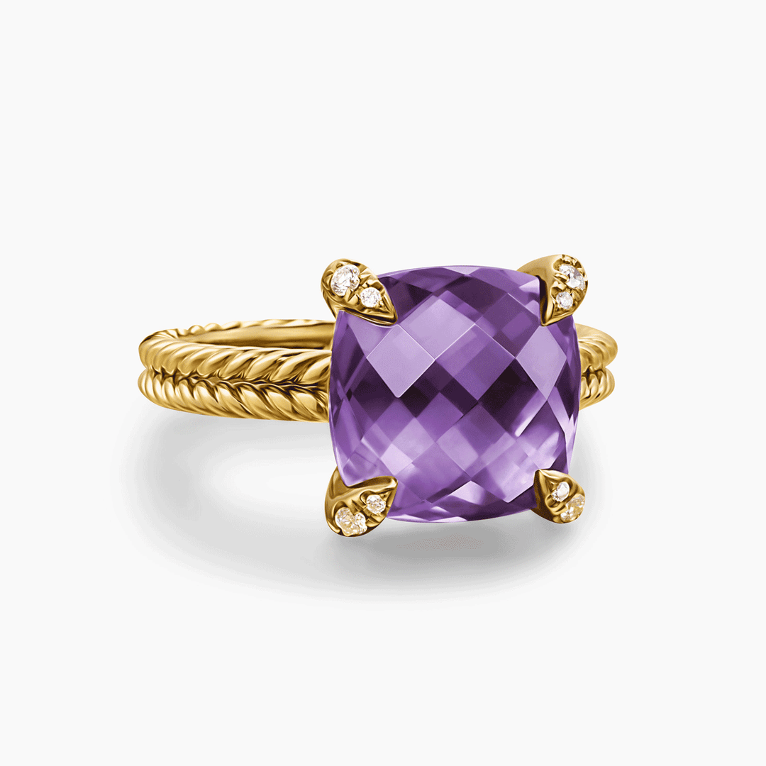 David Yurman Chatelaine Ring 18k Yellow Gold with Amethyst and Diamonds, 11mm