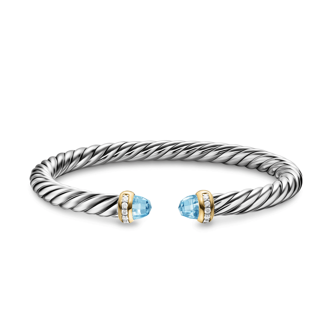 David Yurman Sterling Silver with 14K Yellow Gold, Sky Blue Topaz and Diamonds, 6mm Cable Flex® Bracelet