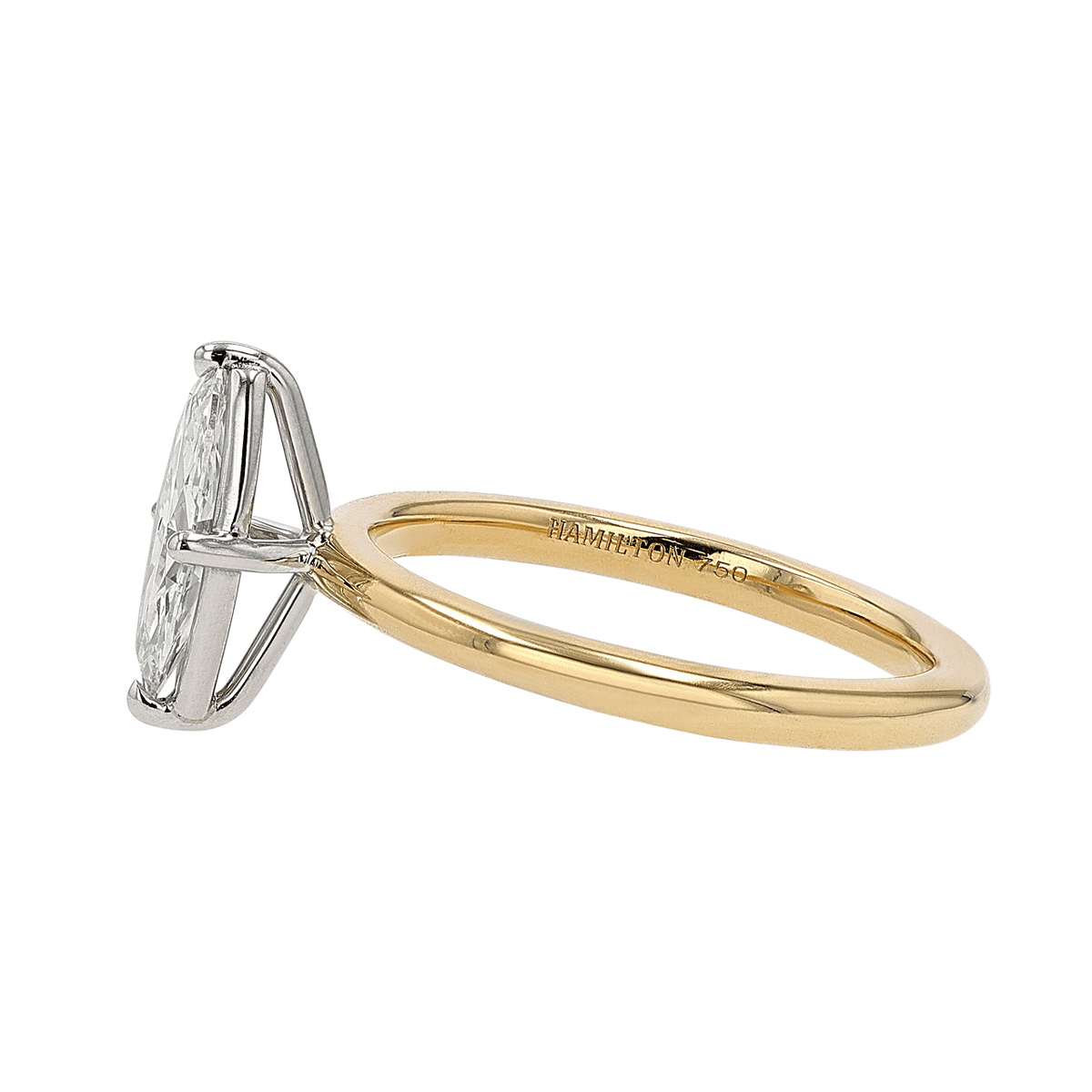 Platinum and 18k Yellow Gold Marquise Diamond .85 Total Weight Solitaire Engagement Ring